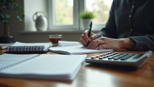 Organized bookkeeping workspace with calculator and receipts