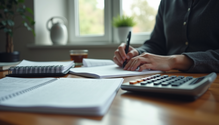 Organized bookkeeping workspace with calculator and receipts