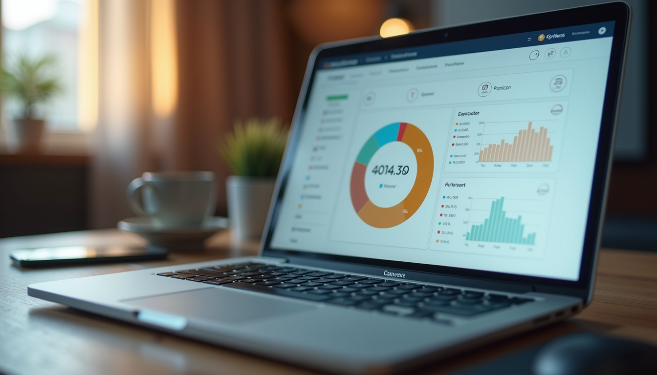 Close-up view of a laptop screen showing bookkeeping software dashboard