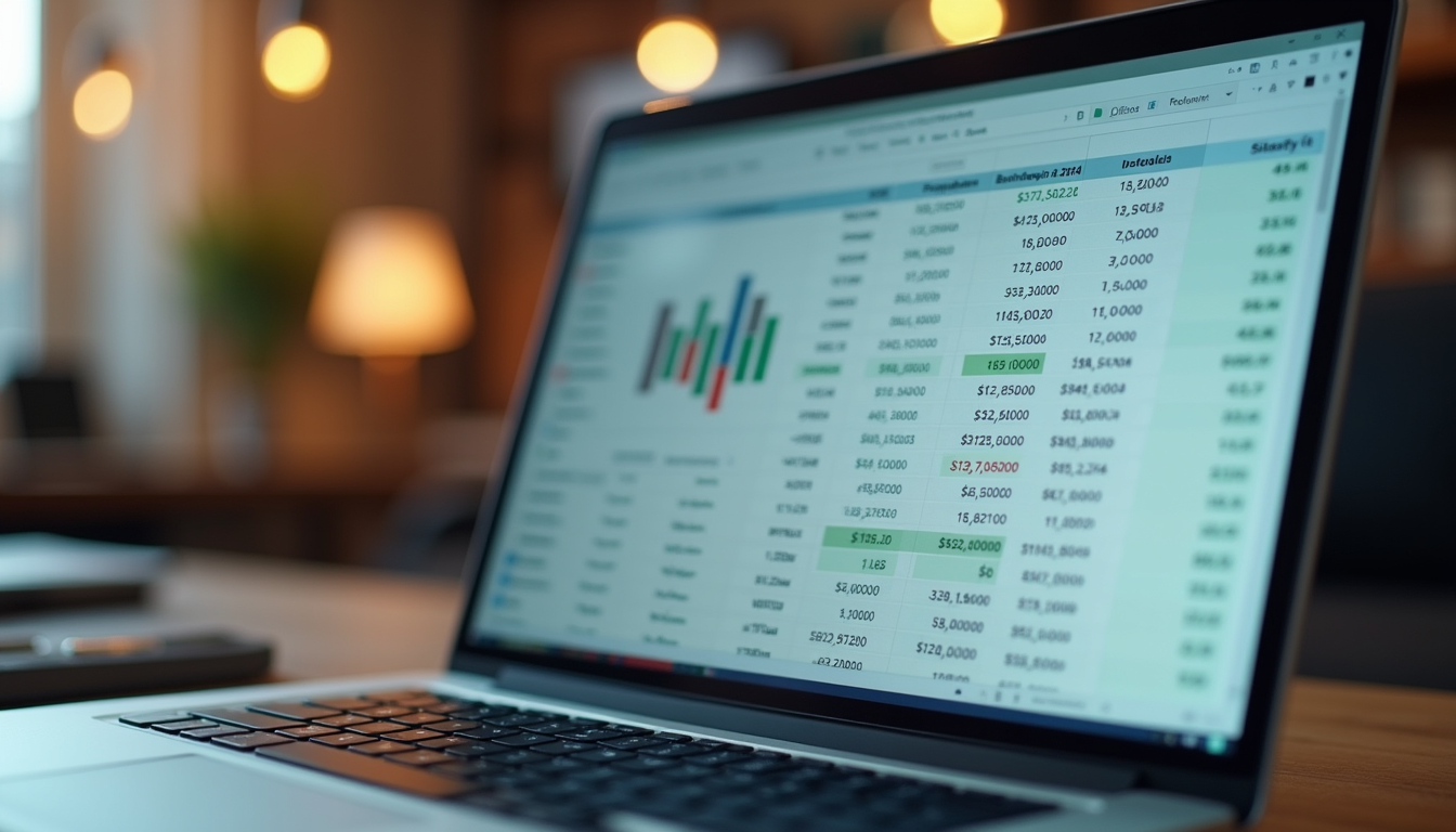 Eye-level view of a laptop with financial spreadsheets on screen