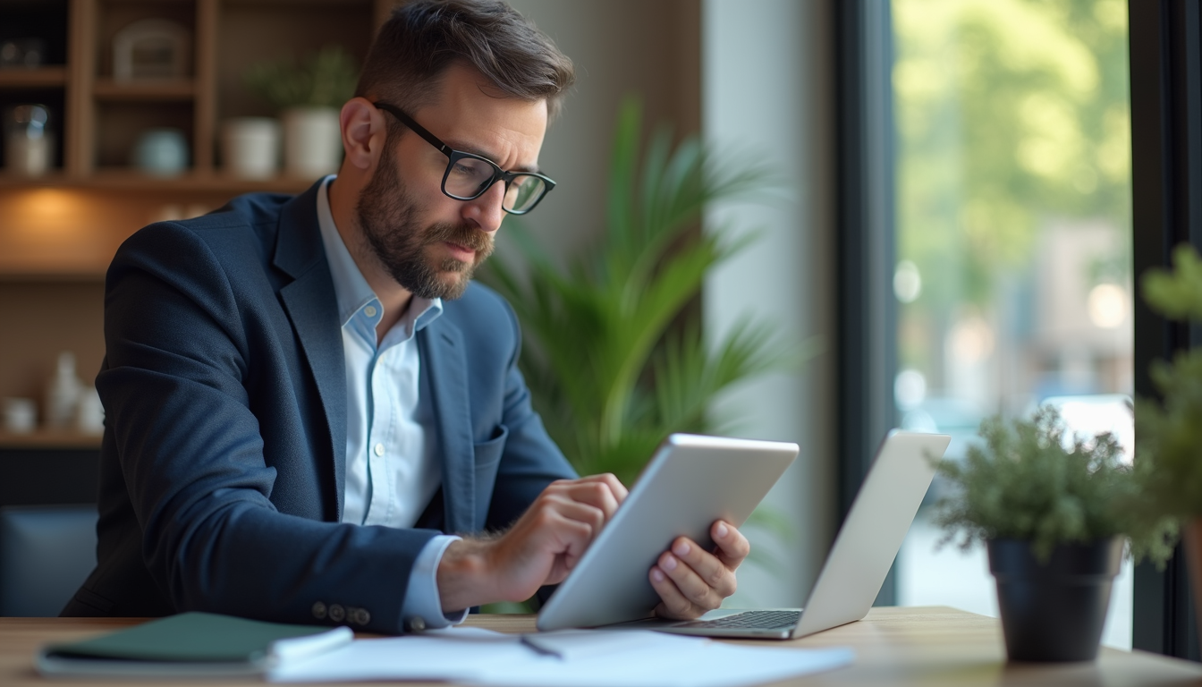 Small business owner managing finances on tablet