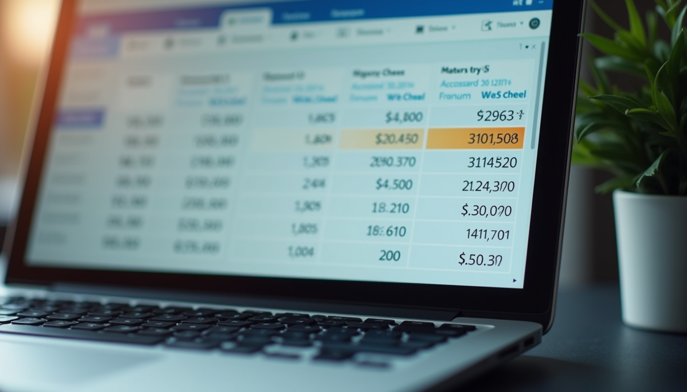 Close-up view of a laptop screen showing bookkeeping software with financial data