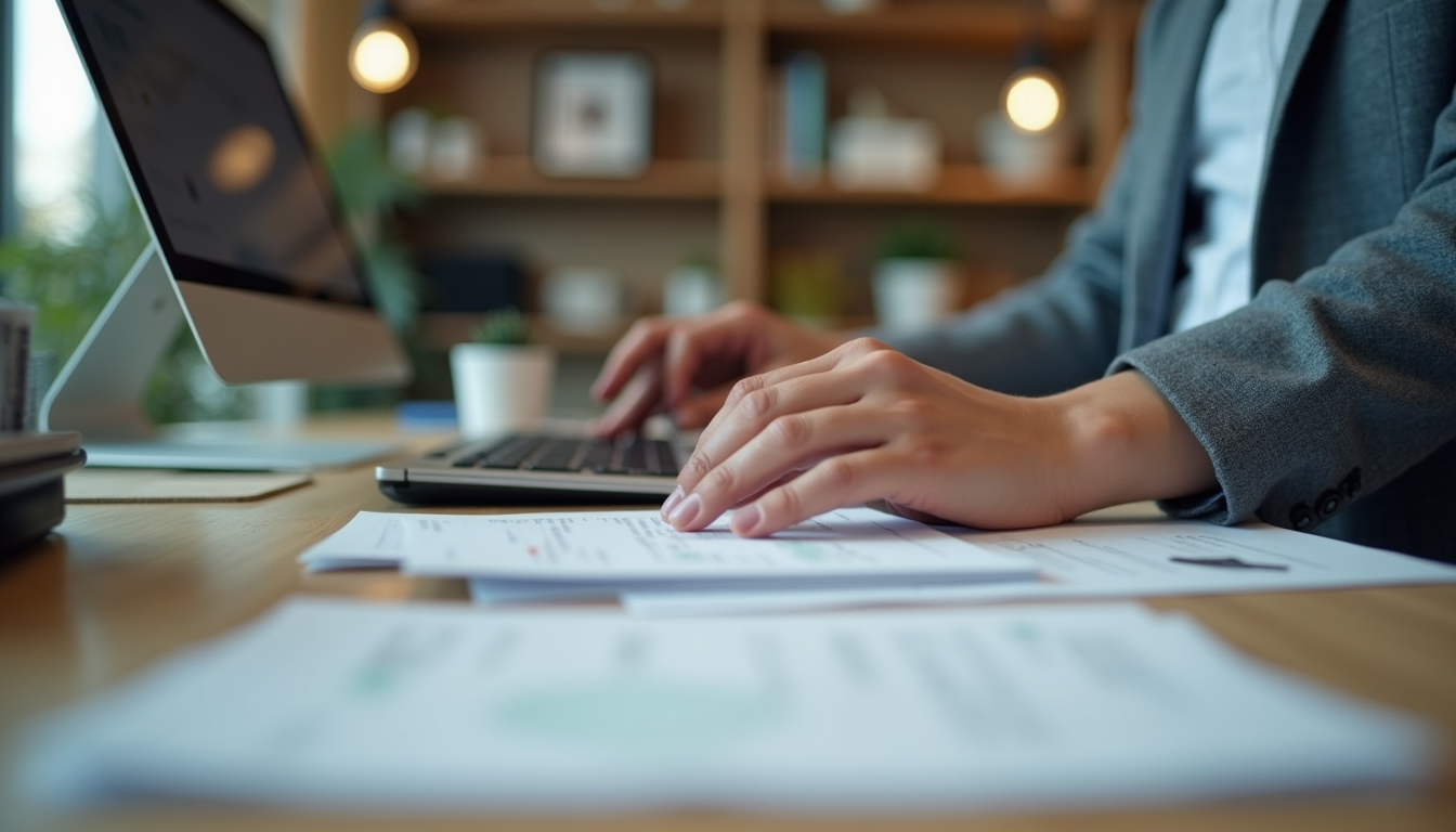 Eye-level view of a small business owner organizing receipts on a desk