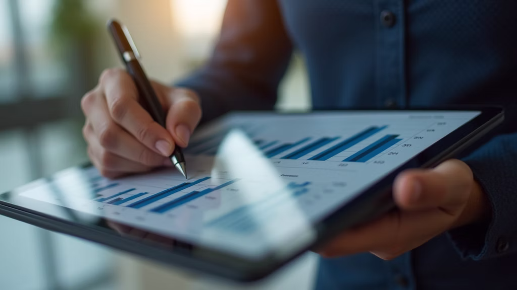 Close-up view of a person working on a tablet with financial charts