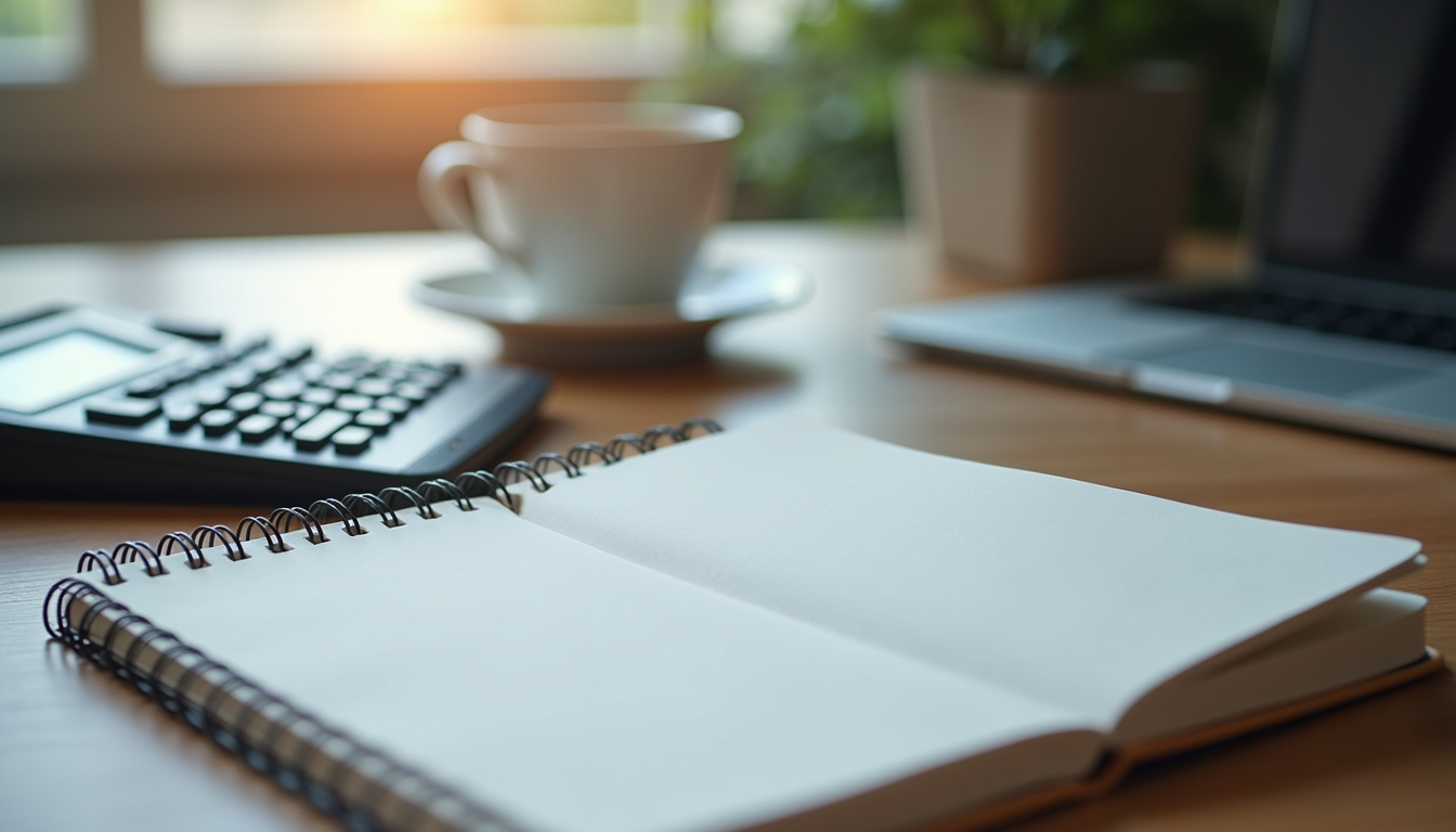 Close-up view of a desk with a notebook, calculator, and coffee cup