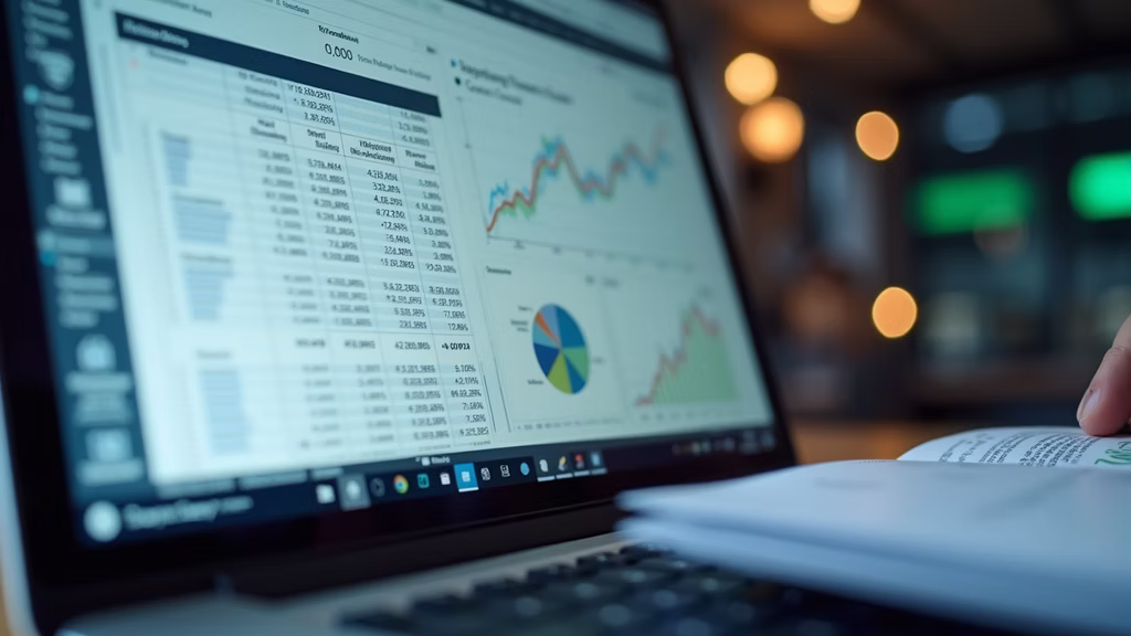 Eye-level view of a laptop screen showing financial spreadsheets