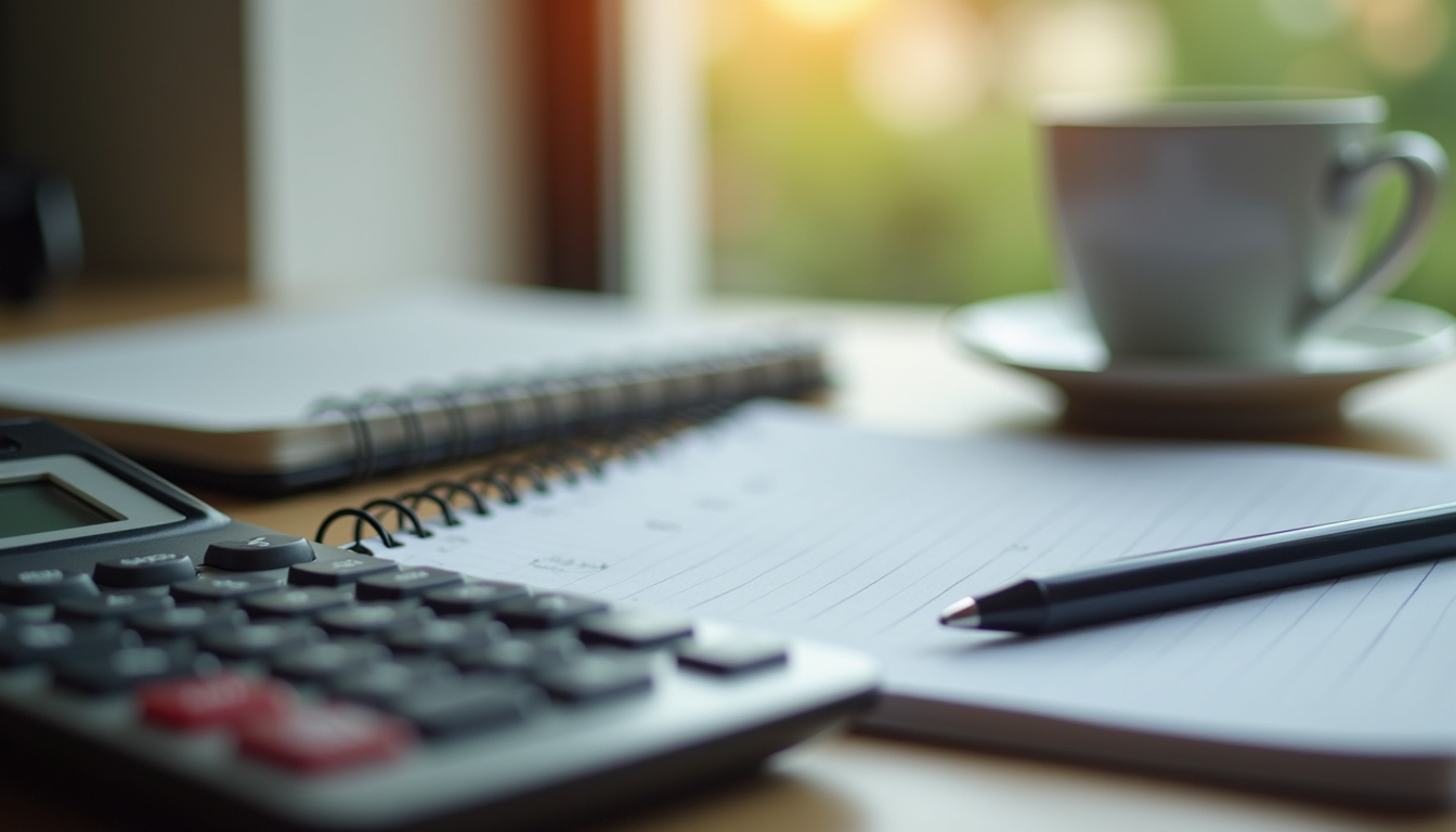 Close-up view of a desk with a calculator, notebook, and a cup of coffee